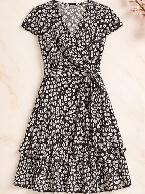 Calvin Klein Black and White Printed Wrap Midi Dress Casual Office Ware